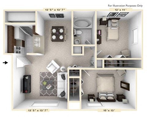 Floor plan for 2 beds, 1 bath, 805 sqft